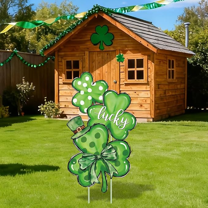 FYSUIMU St. Patrick' s Day Outdoor Decorations Shamrock Yard Stakes 31 Inch Irish Lucky Clover Yard Sign for Home Garden Lawn Porch Patio Walkway Decor