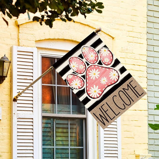 AVOIN colorlife Pink Paw Print Spring House Flag 28x40 Inch Double Sided Outside, Daisy Floral Welcome Stripes Yard Outdoor Flag