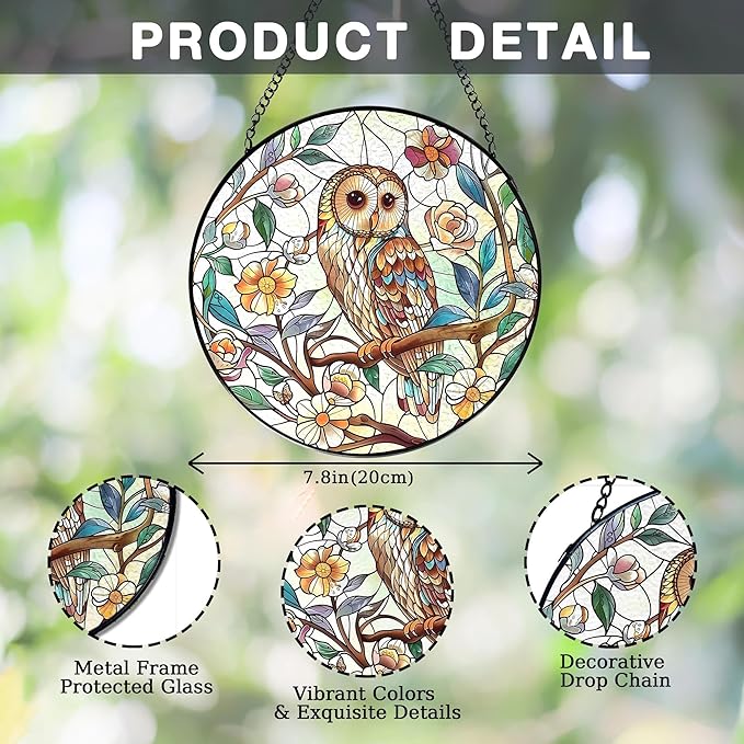 Owl Bird Flower Stained Glass Window Hanging, Owl Gifts for Women, Cottagecore Bird Floral Botanical Suncatchers Sun Catchers Indoor Window Glass Wall Art Decorations, 7.9x7.9in, Patio