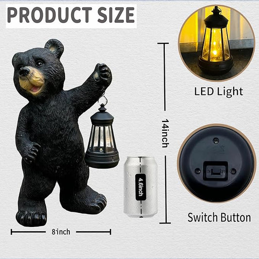 Solar Black Bear Garden Statue - 14" Resin Figurine with Solar LED Lantern, Auto On/Off Waterproof Decor, Dual Use Indoor Outdoor Light for Patio Yard Porch