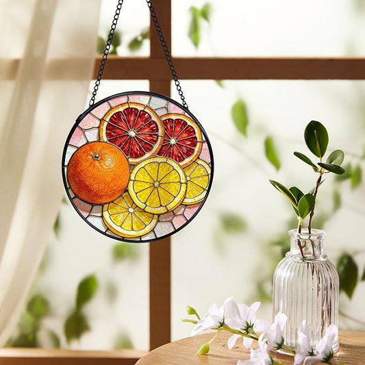 Orange Lemon Suncatchers Stained Glass Window Hanging, Lemon Kitchen Decor, Orange Gifts for Women, Summer Fruit Sun Catchers Indoor Window Glass Round Wall Decor, 7.9x7.9in