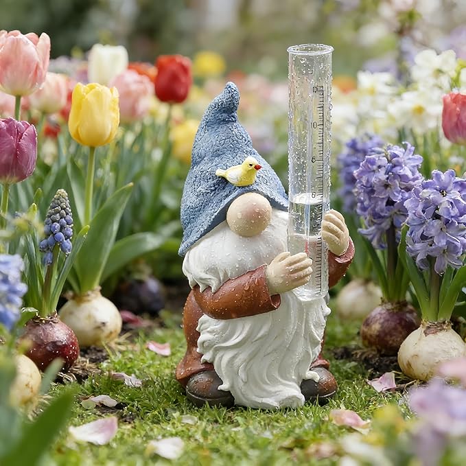Rain Gauge Outdoor, 8Inch Resin Garden Gnome Rain Gauge Hand Painted Gnome Statue with Plastic Gauge, Decorative Yard Gnome for Outdoor Garden Yard Lawn Decor