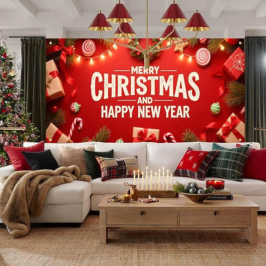 HOMETITUTE Christmas Garage Door Banner 13x6ft Merry Christmas Happy New Year Red Theme Backdrop Decor Banners for Outside Indoor Winter Door Cover Garage Wall Covering for Party Garage Decorations