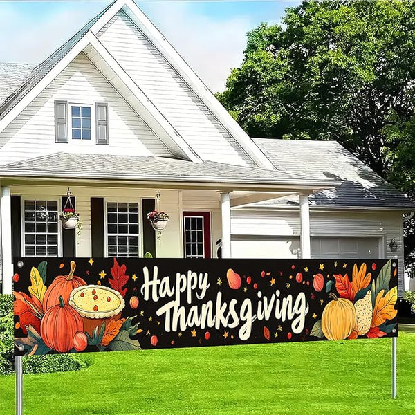 BlissYard Thanksgiving Banner 180x20 Inches Hanging Decor Pumpkin Pie Harvest Scene Decoration for Home Party Supplies Photo Backdrop Outdoor Indoor Holiday Season Decor