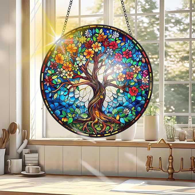 VAIIEYO Tree Sun Catcher Stained Glass Window Hanging Ornament, Handmade Sun Catcher Landscape Decoration with Hooks, Window Garden Home, Birthday Housewarming Gift 7.8 inch