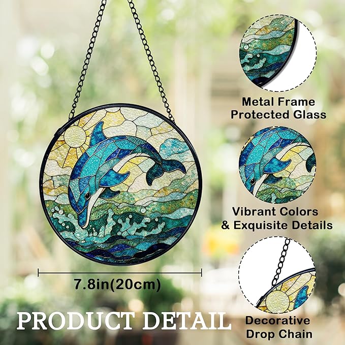 Dolphin Suncatchers Stained Glass Window Hanging, Beach Dolphin Gifts for Women, Coastal Ocean Sun Catchers Indoor Window Glass Round Wall Decor, Beachy Wall Hanging, 7.9x7.9in