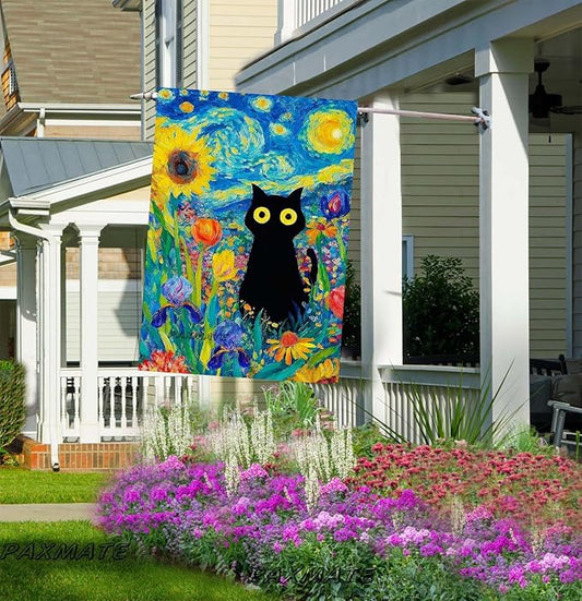 Oil Painting Starry Night Sky Moon Cat Flowers Spring House Flag 28x40 Inch Double Sided Large Burlap Yard Flag Seasonal Farmhouse Outdoor Outside Holiday Decoration