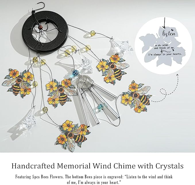HDCRYSTALGIFTS 27'' Bees Flowers Wind Chimes for Outside Memorial Gifts for Loss of Loved One Mom Dad, Sympathy Chimes Outdoor Garden Patio Home Decor