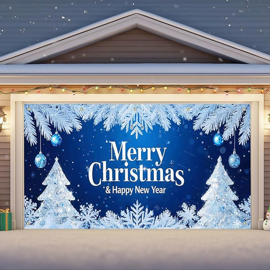 IVN Merry Christmas Happy New Year Garage Door Banner 13x6 ft Christmas Garage Door Wnter Scene Background Indoor Outdoor Blue Snowflake Tree Holiday Decorations for Home Wall Backdrop Decor