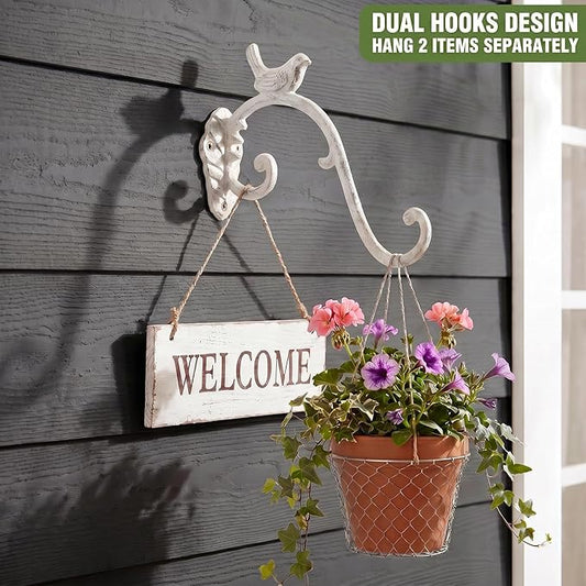 Z metnal Cast Iron Plant Hanger - Bird Rustic Wall Mounted Hanging Basket Holder for Outdoor Garden, Patio, Porch Decor - Heavy Duty Metal Hook Bracket, White