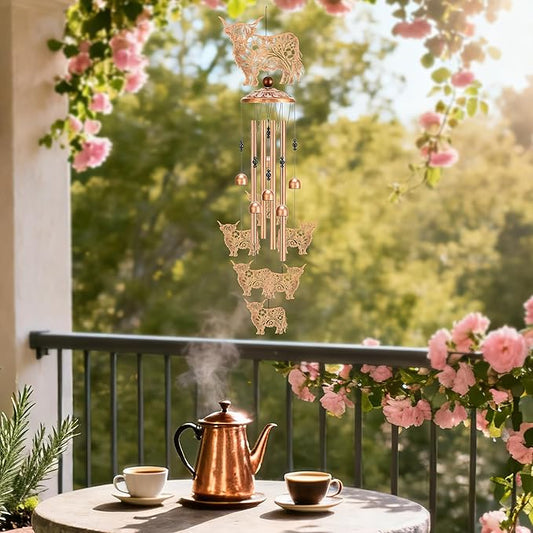 Cow Wind Chimes for Outside - Highland Cows Windchime with Greeting Card Indoor Outdoor Decor Garden Patio Balcony Art Hanging Thanksgiving Christmas Birthday Gift for Women Animal Lover