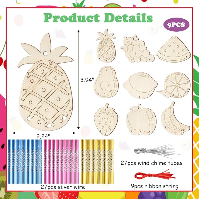 9Pack DIY Wind Chime Kit for Kids, Fruit Theme Wooden Arts and Painting Crafts Hanging Ornaments for Autumn Outdoor Activity Home Garden Patio School Classroom Decor Birthday Party Gift