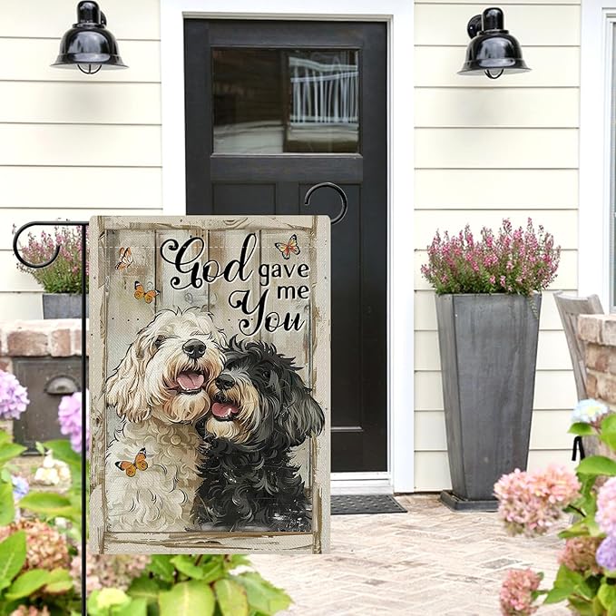 Dyrenson Vintage Labradoodle Dog Christian Decorative Garden Flag, Retro Religious God Gave Me You Yard Outside Home Decoration, Farmhouse Outdoor Small Decor Double Sided Pet Owner Lover Gift 12 x 18