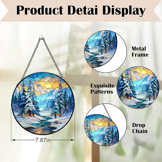 Winter Christmas Stained Glass Window Hanging Suncatchers, Winter Mountain Landscape Sun Catchers Indoor Window Glass Wall Art Decor, Christmas Wall Hanging Decorations Sculptures, 7.9x7.9in