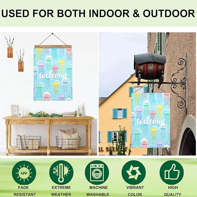 Mugod Jellyfish House Flag 28x40 Inch Double Sided Outside, Welcome Summer Sea Ocean Party Holiday Burlap Yard Garden Outdoor Decoration