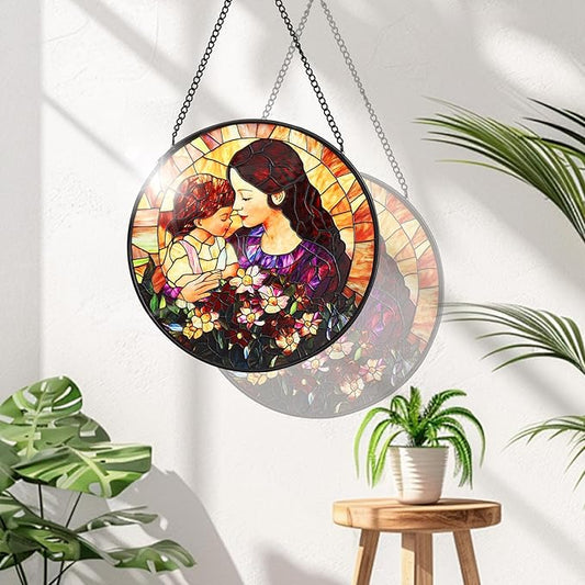 Mom Stained Glass Window Hanging Suncatcher 7.8 Inch Sun Catcher Colorful Glass Panel Gift for Mom Sun Catcher Wall Art Home Decoration for Birthday Garden Window Home