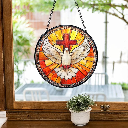 TNUW Christian Cross Bird Stained Glass Window Hanging, Cross Pigeon Bird Sun Catchers Indoor Window Glass Round Wall Art Decor, Religious Christian Wall Hanging Decorations, 7.9"x7.9"