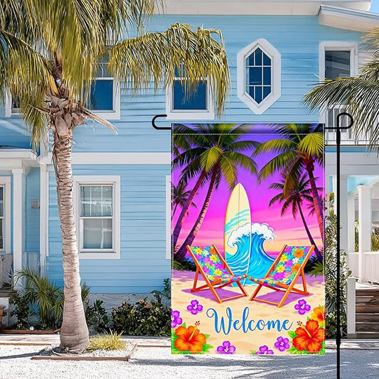 BlissYard Welcome Summer Beach Garden Flag 12x18 Double Sided Vertical Outdoor Decor Surfboard Chair Tropical Yard Garden Lawn Banner Coastal Seasonal Display