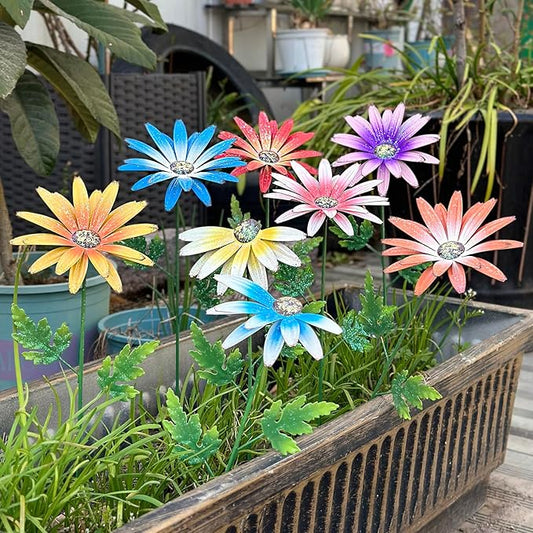 Metal Flowers for Outside, 8 Pack Decorative Garden Stakes with Spring Design, 16.5 Inch Handmade Iron Outdoor Metal Garden Decor, Flickering Daisy Yard Art for Patio Lawn