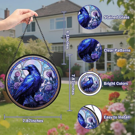 Crow Stained Glass Window Hanging, Raven Suncatcher Diamond Glass Panel Hangings, Sun Catchers Indoor Windows Wall Art, Gift for Birds Lover, Christmas Decor for Home Garden Office Purple 7.87 inches