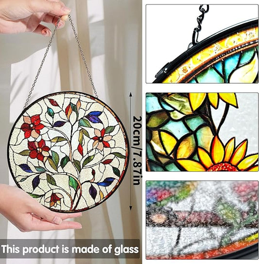Bimkole Flower Stained Glass Suncatcher Window Hanging - Leaves Design for Indoor Window or Doorway Decoration - 7.87x7.87 inch with Chain and Hook - Unique Home Decor Gift