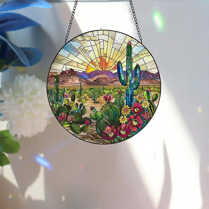 Bimkole Cactus Stained Glass Suncatcher Window Hanging - Plants Indoor Window or Doorway Decoration - Handmade Sun Catcher Decor for Garden Home Christmas & Birthday Gifts 7.87x7.87 Inch