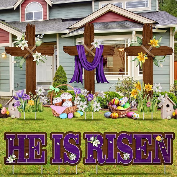 Menkxi 14 Pcs Easter Large Yard Sign Holiday Outdoor Lawn Decorations Religious He Is Risen Easter Yard Decor with Stakes Spring Cross Sign for Lawn Pathway Garden Christian Holiday Party Decor