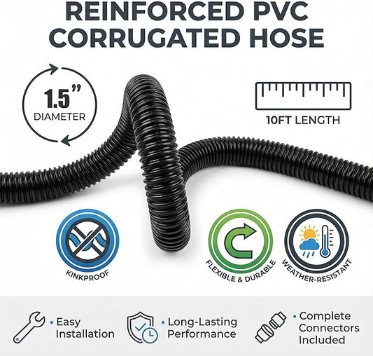 Corrugated Pond Tubing - Flexible, Kinkproof, Reinforced PVC Hose for Water Gardens, Pumps, Waterfalls & Aquaculture (10 Feet Black, 1-1/2 Inch)