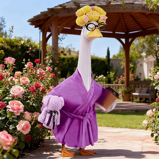 Lady Porch Goose Outfits,Bathrobe Porch Goose Statue Costume with Curlers Reading Glasses Coffee Cup Towel, Cute Goose Clothes for 23-Inch Cement Statue, Lawn Yard Garden Patio Decor(Dark Purple)