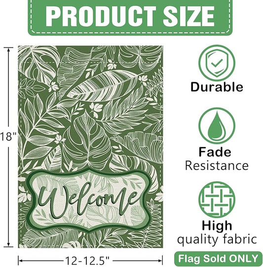 Dyrenson Welcome Green Leaves Decorative Garden Flag, Tropical Plant Monstera Botanical Yard Outside Home Decoration, Spring Summer Floral Burlap Outdoor Small Decor Double Sided 12 x 18