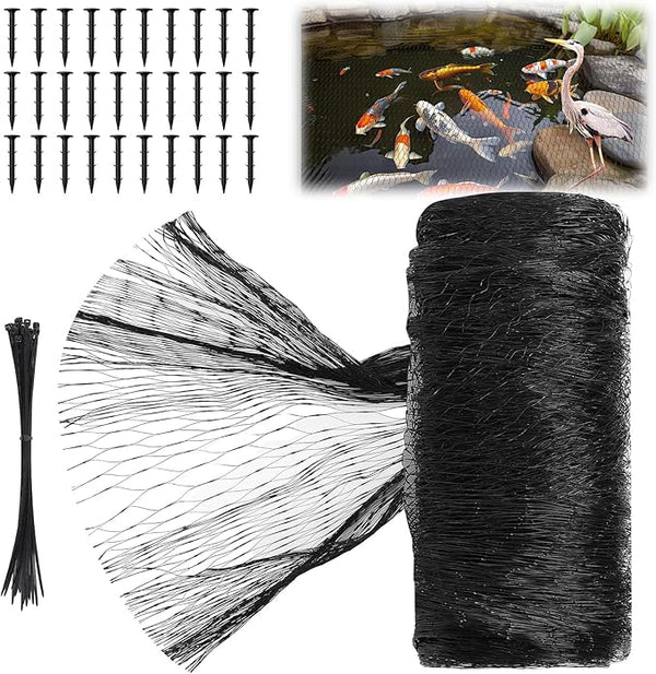 Koi Pond Netting Kit 20 x 30ft, Bird Deer Fence Netting, Durable Net Cover for Leaves, Heavy Duty Fine Mesh, Protect Fish from Blue Heron Birds, Cats & Predators, 30pcs Stakes & Ties Included