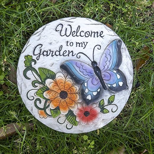 Garden Stepping Stones Outdoor Butterfly Step Stones for Walkway Gardening Gifts Welcome to My Garden Decorative Round Concrete Stones for Outside Yard Stone