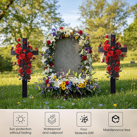 Frienda 2 Sets Cemetery Flowers Grave Stake Metal Floral Decor for Tombstone, Outdoor Gravesite Markers for Mom Dad, Memorial Day Spring Easter Grave Decor(Cross,Red)