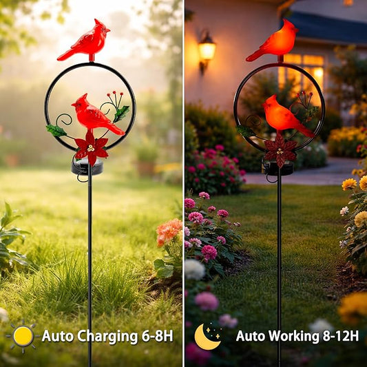 Cardinal Garden Decor Red Cardinal Figurine Solar Lights Garden Stake Outdoor Decor, Christmas Yard Decorations for Patio Porch Pathway Lawn Ornaments, Cemetery Solar Light Red Bird Gift