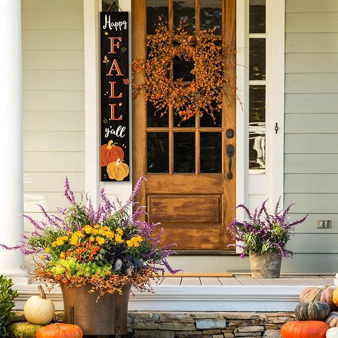 Happy Fall Y'all Welcome Porch Sign Decor Autumn Pumpkin Wooden Hanging Sign Door Porch Standing Decorative Signs Plaques for Front Door Farmhouse Outdoor Indoor Welcome Sign Wall Craft Decor 47.2"H