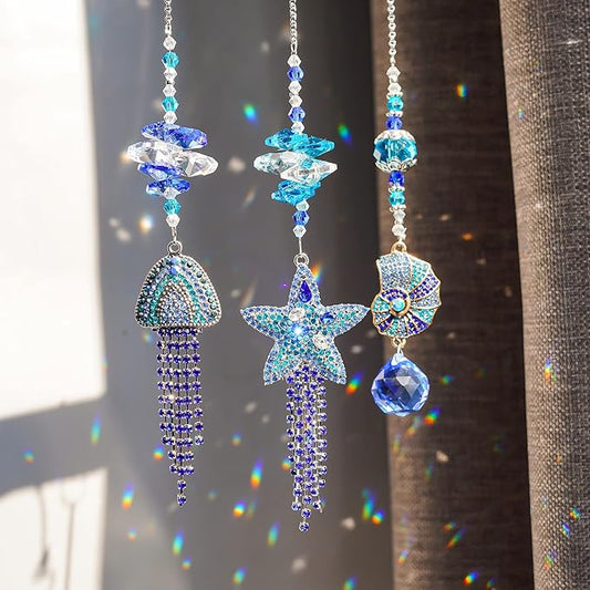H&D HYALINE & DORA 3pcs Rhinestones Crystal Suncatcher Indoor Window Hanging Pendants, Sun Catchers Rhinestones Starfish Jellyfish Conch with Beads Prism Decor Wedding Garden Porch Ornament