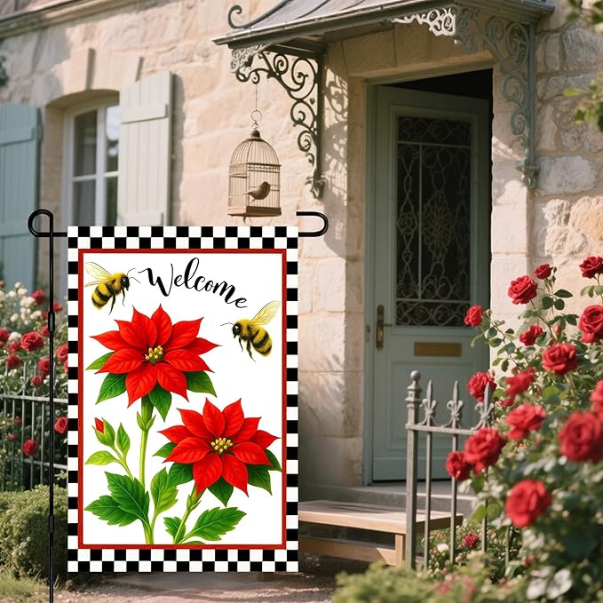 IVN Floral Welcome Garden Flag 12x18 Inch Double Sided Yard Flag Double Sided Bee Red Flowers Decorative Small Flags for Outside Seasonal Farmhouse Yard Outdoor Decoration Flags