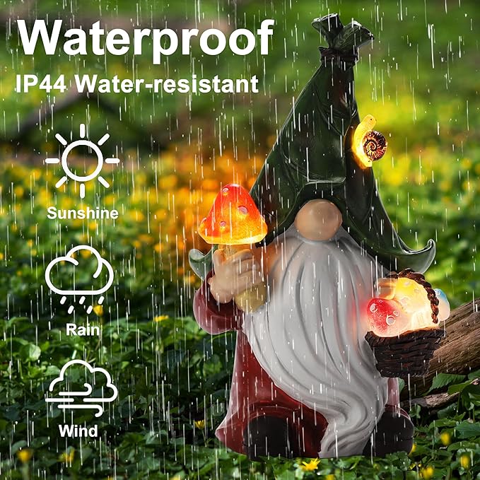 Gnome Solar Garden Statue with 3 LED Lights, Mushroom-Picking Gnome Statue Outdoor Decor for Patio, Yard, Balcony, Lawn Ornament, Gift for Mom, Grandma Mother's Day Christmas Day Decorations