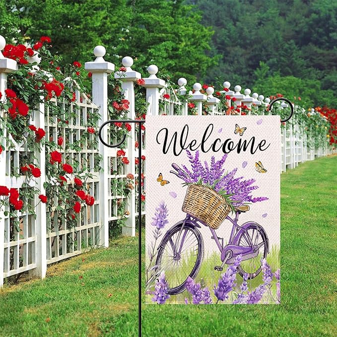 Artofy Welcome Spring Summer Bike Small Decorative Garden Flag, Bicycle Lavender Flower Floral Yard Lawn Outside Decor, Seasonal Butterfly Burlap Outdoor Home Decoration Double Sided 12 x 18