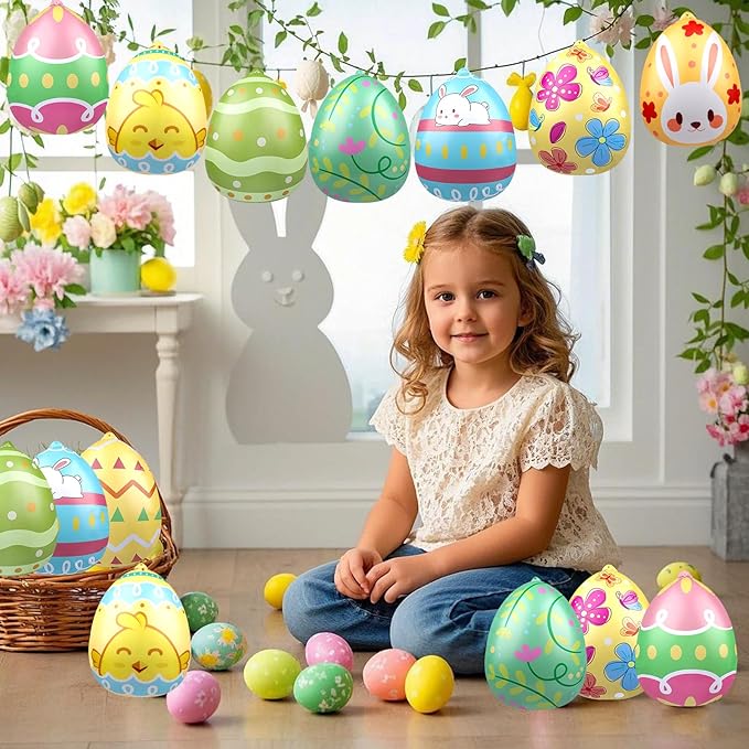 16 PCS 9 Inch Easter Egg Inflatable Balloons Hanging Inflatable Easter Balloons Colorful Inflatable Egg Decorations for Yard Garden Holiday Party Home Decor