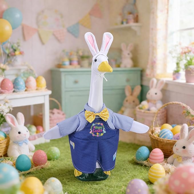 Watayo 2 Pcs/Set Easter Porch Goose Outfits, Happy Easter Bunny Lawn Goose Costume, Cute Garden Goose Clothes Suspender Skirt and Bunny Ears Headband for 23" High Statue Spring Patio Yard Decor
