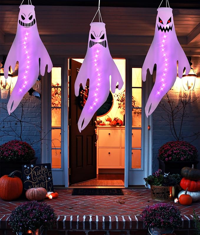 Geefuun 3PCS Purple Halloween Fierce Ghost Windsocks Hanging Decorations - 43 Inch Flag Wind Socks for Home Yard Outdoor Decor Party Supplies (Batteries Not Included,No Timer)