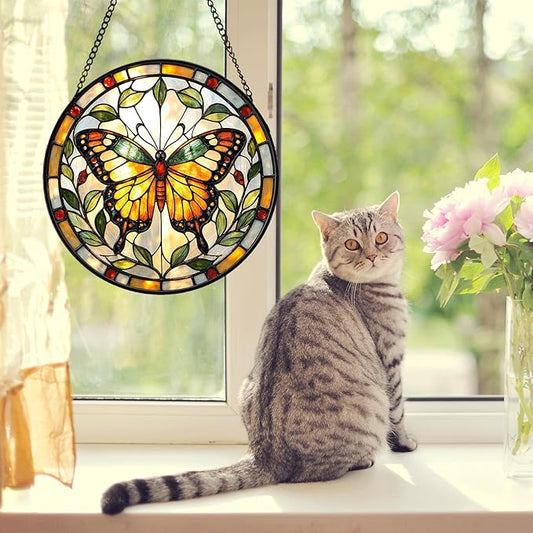 Butterfly Stained Glass Suncather for Window Hanging, 6.3'' Yellow Butterfly Ornament Gift for Women, Nature-Inspired Home Decor Gift for Mom, Grandma, Mother's Day (Yellow, 6.3'')