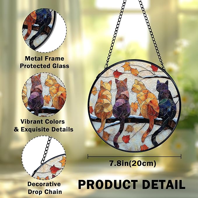 Cat Gifts Winter Suncatcher Stained Glass Window Hanging, Rustic Autumn Black Cat Sun Catchers Indoor Window Glass Wall Art Decor, Fall Wall Hanging Decor Decorations, 7.9x7.9 Inch