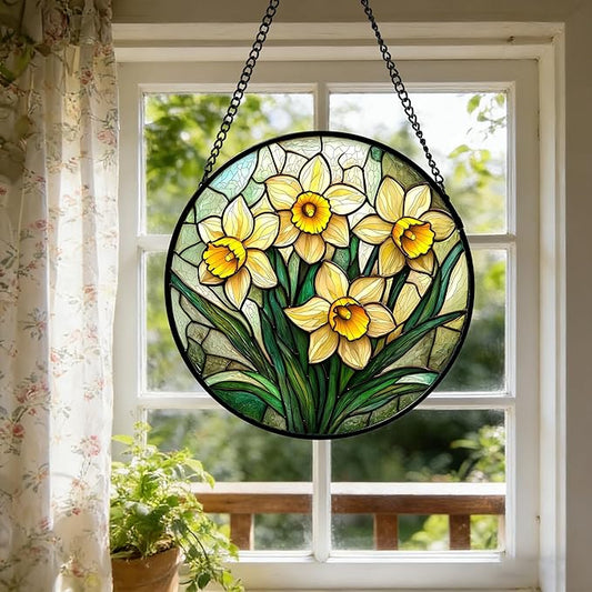 DASTOLL Stained Glass Window Hanging, Daffodil Plant Flowers Sun Catchers Diamond Glass Panel Hangings Suncatcher Decor for Birthday for Women, Men, Wife, Aunt, and Mom 9.8 in