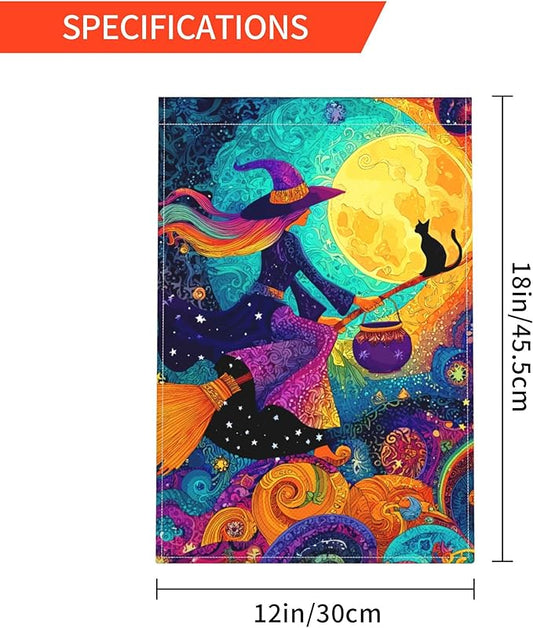 Witch Moon Cat Garden Flag Seasonal Double Sided 12 x 18 Inch Small Yard Flag for Indoor Outdoor Decor Holiday All Seasons