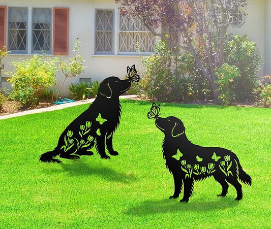 Golden Retriever Metal Decorative Garden Stakes for Memorial Yard Art, Lawn Ornaments,Outside, Patio, Outdoor Decor, Garden Decorations 2 PCS
