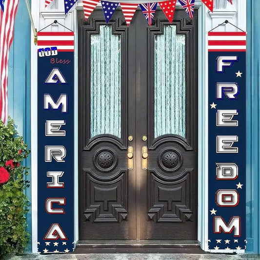 BlissYard 2Pcs Patriotic Themed Door Banners 4th of July Decorations Freedom America Banner Hanging Porch Signs Banners for Independence Veterans Day Memorial for Front Yard Indoor Outdoor Supplies