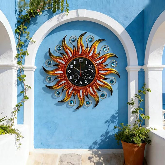 COOZZUHOUR 25 Inch Metal Sun Outdoor Shaped-Clock with Thermometer and Hygrometer Combo, Battery-Powered 10-inch Waterproof Dial and Silent Quartz Movement for Home Decorative Gifts(Orange)