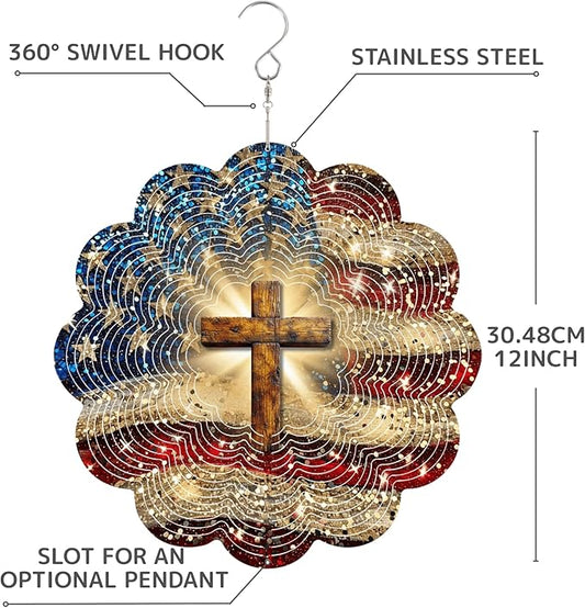 12 Inch 3D Kinetic Wind Spinner for Garden and Yard, Laser-Cut Stainless Steel, Mesmerizing Hanging Decor for Outdoor Patio & Indoor, Faith & Freedom-07